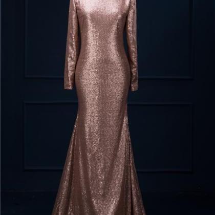 Metallic Champagne Sequin Long Sleeves Evening..