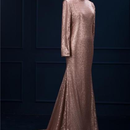 Metallic Champagne Sequin Long Sleeves Evening..