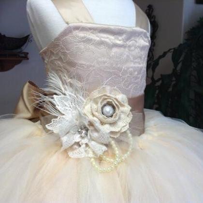 Champagne Color Tulle Puffy Flower Girls Dress..