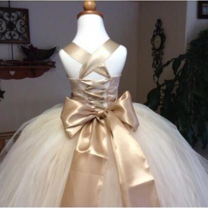 Champagne Color Tulle Puffy Flower Girls Dress..