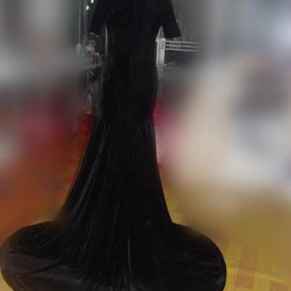 Stretch Black Velvet Evening Dress With Short..