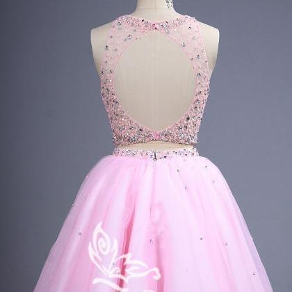 Short Pink Beaded Crop Tops Teens Homecoming Dress..