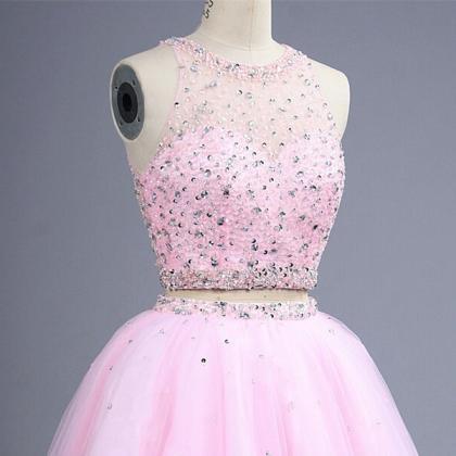 Short Pink Beaded Crop Tops Teens Homecoming Dress..