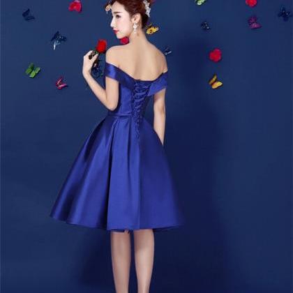 Royal Blue Satin Short Prom Dress Off Shoulder..