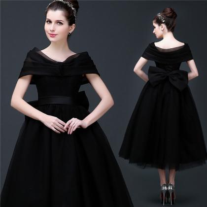 Tea Length Black Prom Dress With Big Bow Cap..