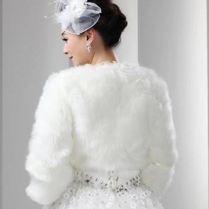 White Artificial Fur Short Bolero With Long..
