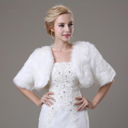 White Artificial Fur Bolero With Short Sleeves Bridal Faux Fur Short ...