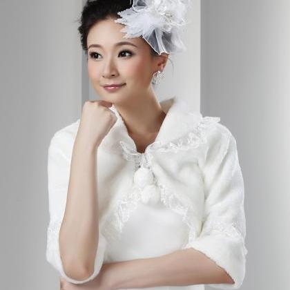 White Artificial Fur Bolero With Half Sleeves Lace..