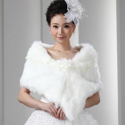 White Artificial Fur Wrap Bridal Faux Fur Cape For..