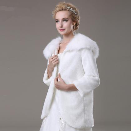 White Artificial Fur Jacket With Long Sleeves..