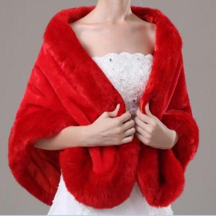 Red Artificial Fur Cape Long Bridal Wedding Wrap..