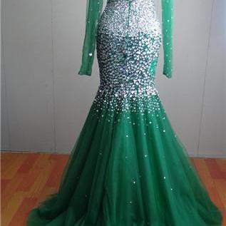 Luxurious Sparkling Beading Dark Green Prom Dress..