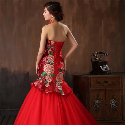Chinese Style Red Satin Sequin Wedding Dress With..