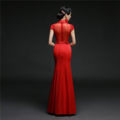 Chinese Style Red Women Formal Dress With Flower..