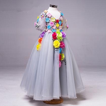 Silver Ball Gown Flower Girls Dress With Colorful..
