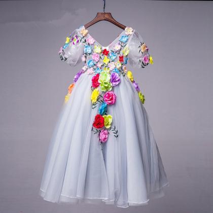 Silver Ball Gown Flower Girls Dress With Colorful..