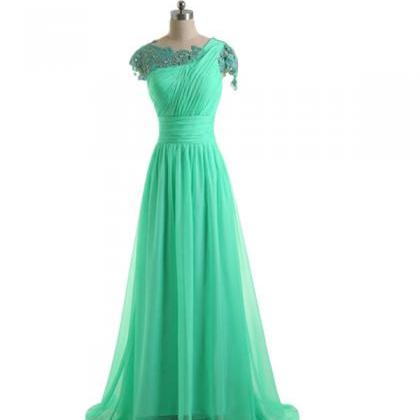 Long Green Chiffon Lace Bridesmaid Dress A Line..