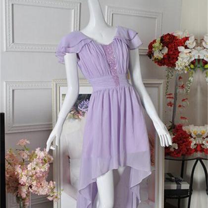 Dipped Hem Lilac Bridesmaid Dress With Beads Cap..
