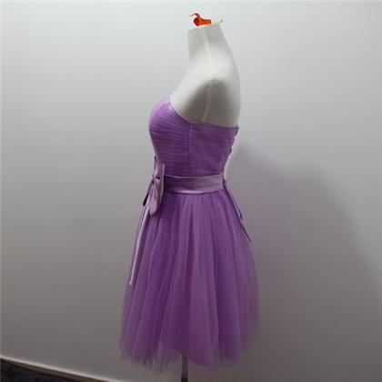 Short Purple Bridesmaid Dress With Bow Strapless..