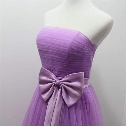 Short Purple Bridesmaid Dress With Bow Strapless..