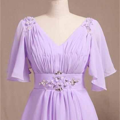 Lilac Short Bridesmaid Dress With Short Sleeves V..