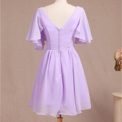 Lilac Short Bridesmaid Dress With Short Sleeves V..