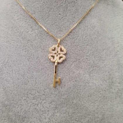 Gold Four Leaf Clover Key Pendant Necklace Jewelry