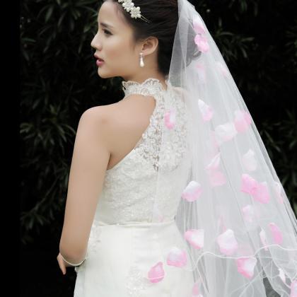 Long White Tulle Wedding Veil With Pink Rose..