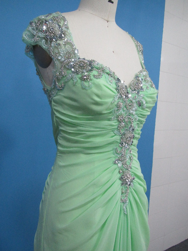 Beaded Stones Mint Green Chiffon Formal Dress Cap Sleeve Open Back Long Women Evening Party Dress Prom Dress Custom Made