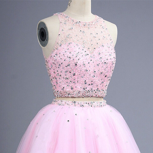 Short Pink Beaded Crop Tops Teens Homecoming Dress Open Back 2 Piceces Sexy Prom Dress Graduation Dress Custom Made