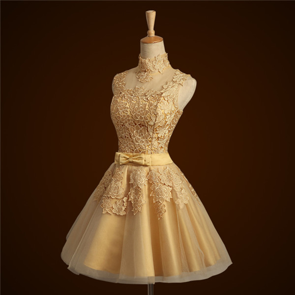 Short Lace Gold Bridesmaid Dress For Weddings High Neck Sleeveless Sheer Back Women Formal Dress Prom Dress Custom Made