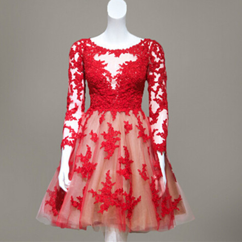 Red Lace Short Homecoming / Prom Dress With Long Sleeves Sheer Back Tulle Knee Length Teens Formal Party Dress Custom Made