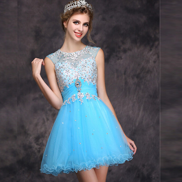 Ice Blue Short Homecoming Prom Dress With Beading Keyhole Back Teens Formal Party Dress Custom Made