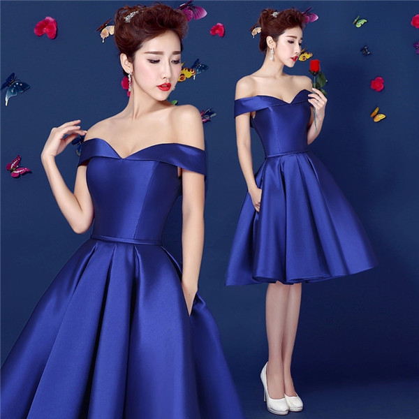 Royal Blue Satin Short Prom Dress Off Shoulder Laced-up Closure Teens Homecoming Dress Semi Formal Dress Custom Made