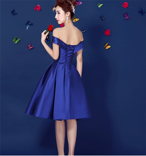 Royal Blue Satin Short Prom Dress Off Shoulder Laced-up Closure Teens  Homecoming Dress Semi Formal D on Luulla