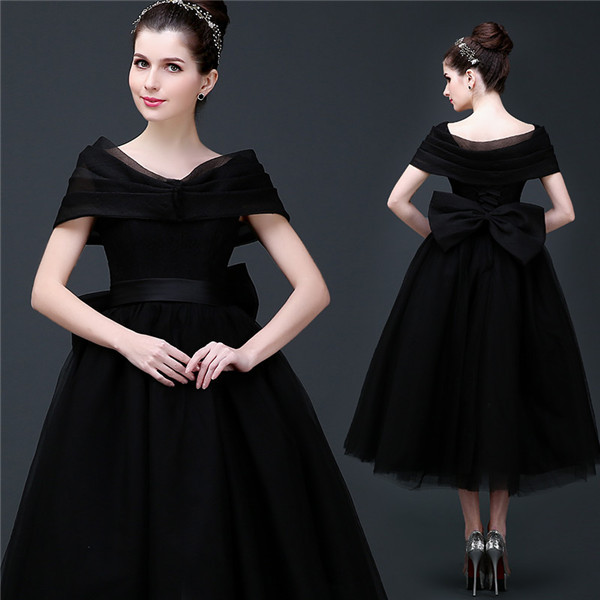 Tea Length Black Prom Dress With Big Bow Cap Sleeves Laced-up Closure ...
