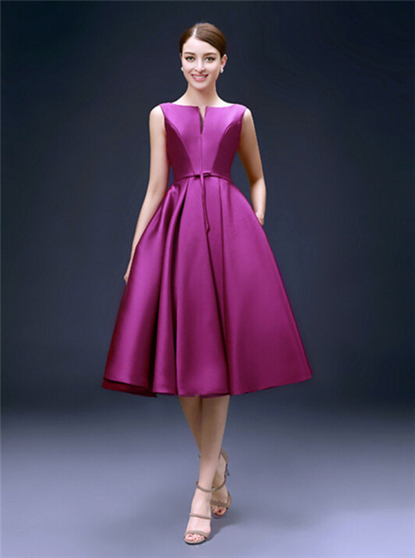 Fuchsia Satin Short Prom Dress Cleavage Neckline Lace Up Closure Elegant Women Evening Gown 9614