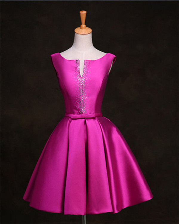 Short Satin Dress For Homecoming Prom Sleeveless Beaded Women Cocktail Party Dress In Fuchsia Champagne Royal Blue Custom Made