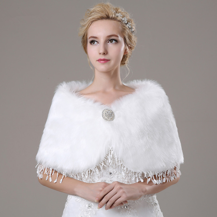 Elegant White Artificial Fur Fur Wrap With Beads Bridal Faux Fur Cape For Wedding Women Winter Coat