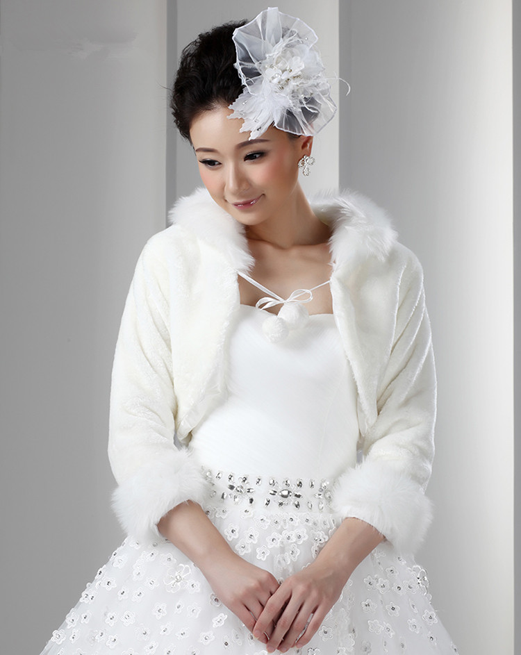 White Artificial Fur Bolero With Sleeves Women Faux Fur Winter Coat Bridal Wedding Jacket Short