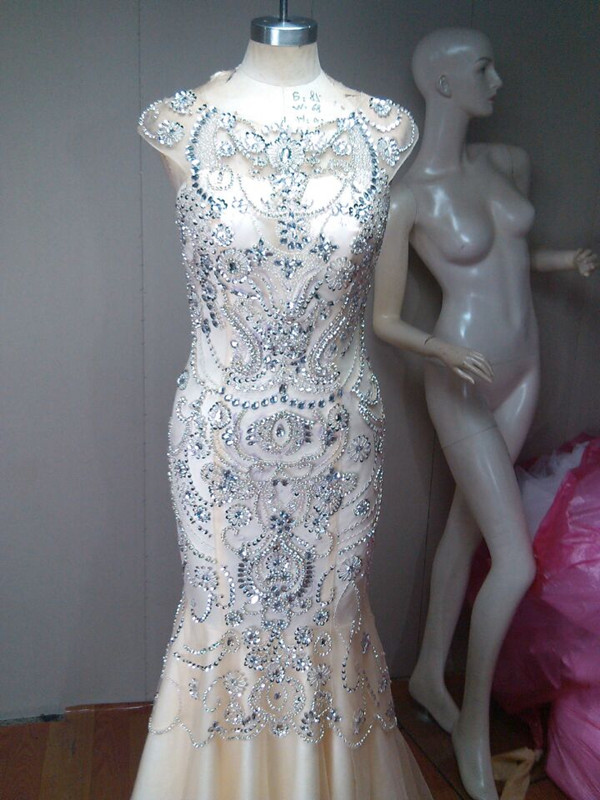 Sparkling Beaded Crystal Luxurious Prom Dress Cap Sleeves Tulle Mermaid Long Women Formal Evening Dress Custom Made