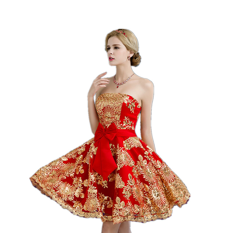 Short Red Satin Dress For Homecoming Prom With Gold Lace Strapless Dipped Hem Women Cocktail Party Dress Custom Made