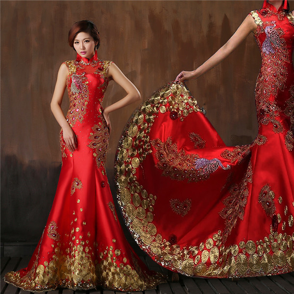 Chinese Style Red Satin Wedding Dress With Chic Decorations High Neck Cutout Back Mermaid Women Formal Evening Gown Custom Made