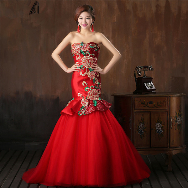 Chinese Style Red Satin Sequin Wedding Dress With Flower Pattern Strapless Fit And Flare Women Formal Evening Gown Custom Made