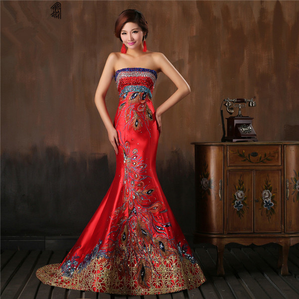 fitted lace wedding dress Hong Zhuang 红妆 Red Makeup Plus Size New Chinese Style Ruched Satin Qipao 3XL / Hong Zhuang Qipao main image 1