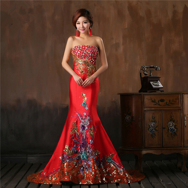 China Chic Red Satin Women Formal Dress With Stones And Flower Pattern Strapless Mermaid Evening Gown Custom Made