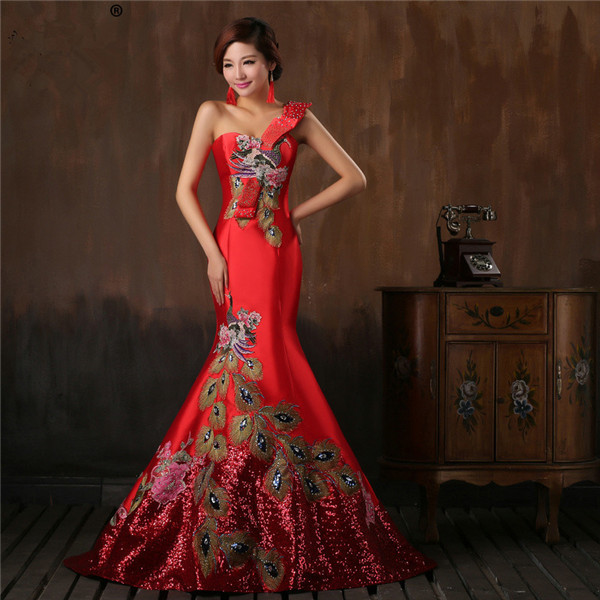 China Chic Red Satin Women Formal Dress With Peacock Pattern One Strap Sequin Hemline Mermaid Evening Gown Custom Made