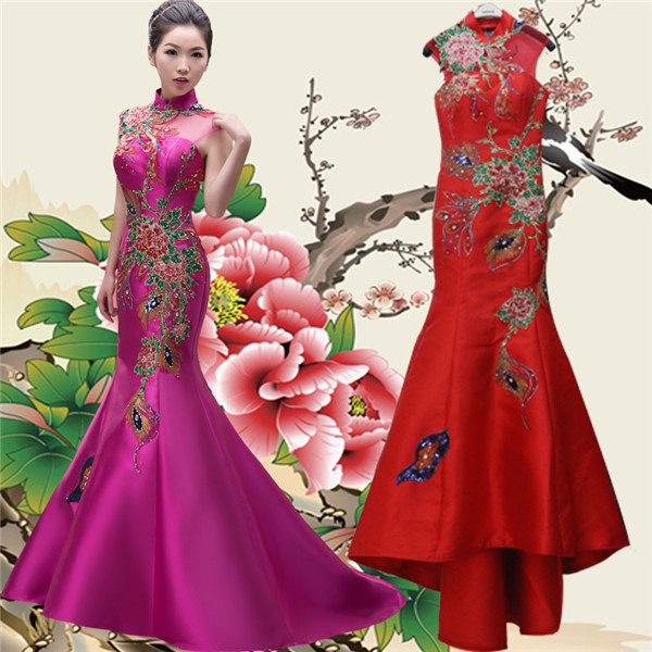 Chinese Style Satin Women Formal Dress With Flower Pattern High Neck Laced-up Back Mermaid Evening Gown In Red Fuchsia Custom Made