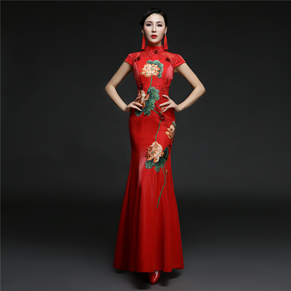 Chinese Style Red Women Formal Dress With Flower Pattern High Neck Short Sleeves Floor Length Tight Evening Gown Custom Made