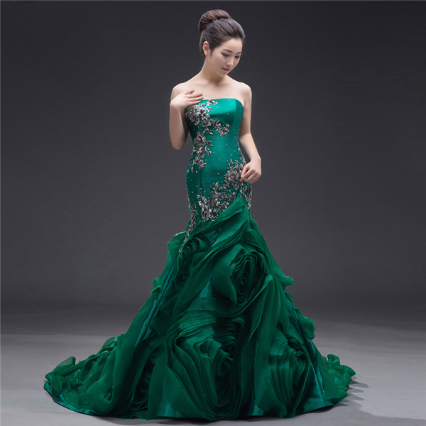 Embellished Dark Green Organza Mermaid Wedding Dress Spiral Ruffles Strapless Laced-up Closure Long Women Formal Gown Custom Made